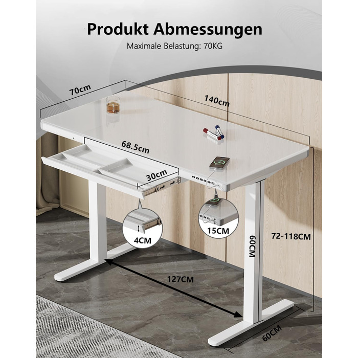 Електричний письмовий стіл Homall зі скляною стільницею, 140x70 см, з регулюванням висоти та шухлядою, білий, для дому та офісу