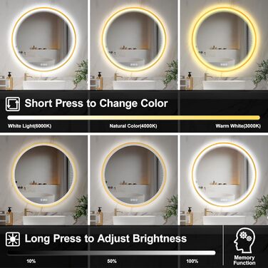 Дзеркало для ванної кімнати Furduzz з LED-підсвічуванням, 700 мм, сенсорне керування, диммування, 3 кольори, протизапотівання, пам'ять, золота рамка (60x60 см)