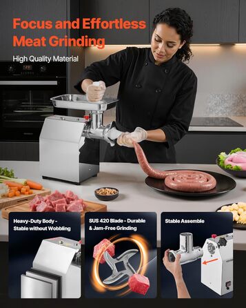 Електрична м'ясоподрібнювач VEVOR, 4.2 кг/хв, 1100 Вт, з лезом та диском, для ресторану, з нержавіючої сталі