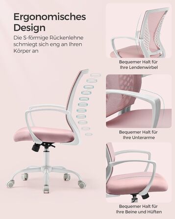 Ергономічне офісне крісло SONGMICS для комп'ютера, сітчасте стілець для робочого столу з функцією гойдання, регулюванням висоти, пастельно-рожеве, до 120 кг, OBN022GD01