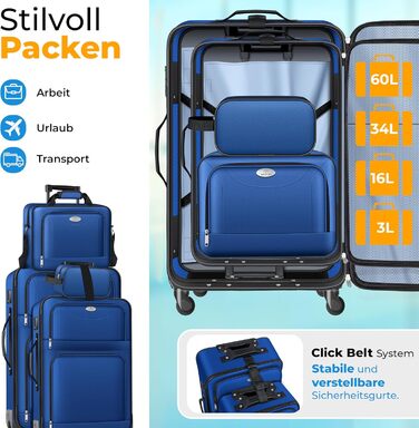 Набір валіз KESSER® 4 шт. | Чотири валізи з тканини з TSA-замком, 360° колесами та телескопічною ручкою | Косметичка, ручна валіза та великі валізи для подорожей та бізнесу (Блакитний)