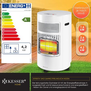 Газовий обігрівач KESSER 4200 Вт з регулятором і шлангом, керамічний пальник, для газу бутан/пропан (білий)