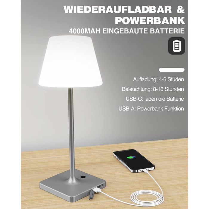 LED настільна лампа Infray з акумулятором, диммування, IP44, для дому та вулиці, 4000mAh, природальний білий (сірий)