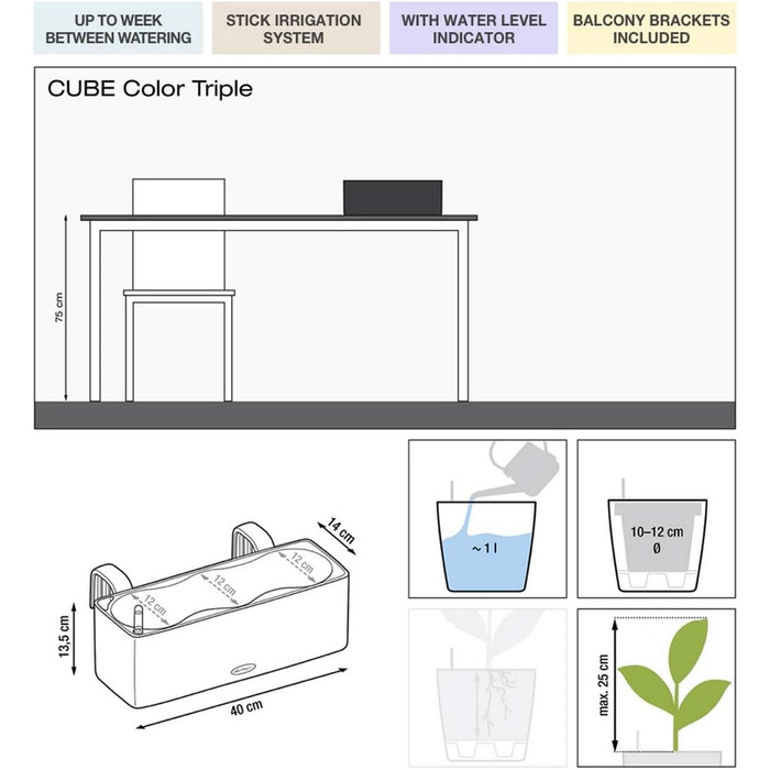 Горщик LECHUZA CUBE Color Triple (колишня BALCONISSIMA) 13680, сірий сланець (2 шт., 40x14x13,5 см)