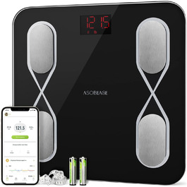 Ваги для жиру в організмі ASOBEAGE Bluetooth Ваги для ванної кімнати з додатком Вага тіла, тип статури, ІМТ, відсоток жиру в організмі, вага м'язів, вміст вісцерального жиру