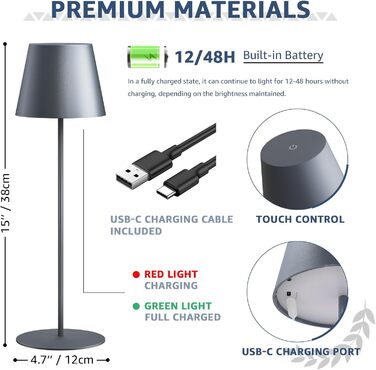 Набір з 2 LED-лампами настільними бездротовими, USB-C, диммування, сенсорне управління, для вулиці, кемпінгу, ресторану, тераси (чорний, сірий)