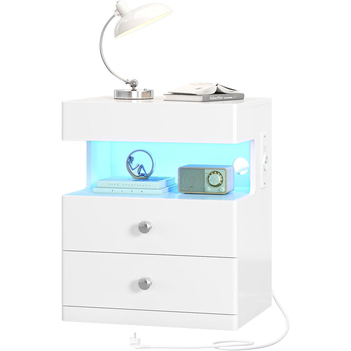 Нічний столик AOGLLATI з секретною поличкою, розеткою та LED-підсвіткою. 2 шухляди, висувний ящик, полиця. Білий, 40x35x59 см