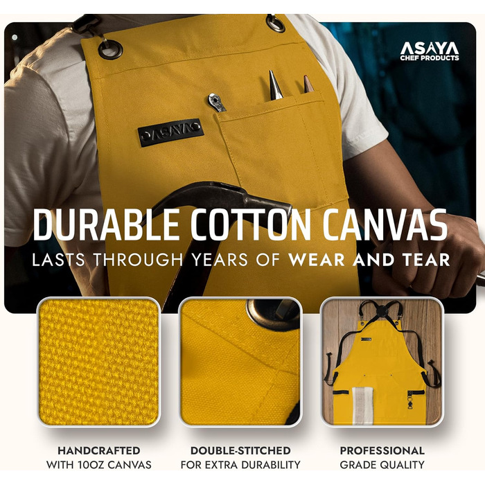 Фартух Asaya для жінок та чоловіків + рушник та відкривачка для пляшок – 284 мл, канвас, жовтий