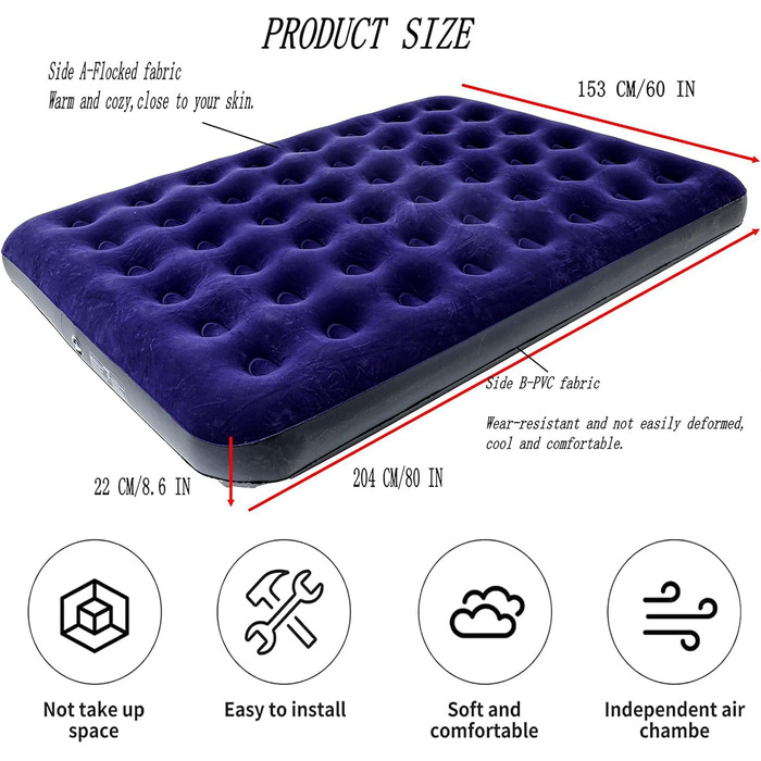 Надувне ліжко Icelus 204x153x23 см з повітряним насосом. Ліжко для кемпінгу, подорожей та дому. Blue Black, двоспальне.