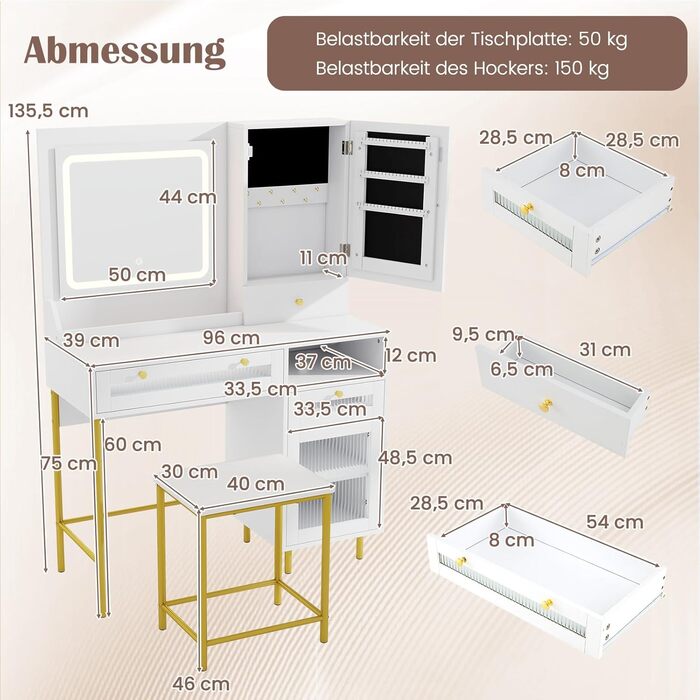 Тумбочка для макіяжу з LED-підсвічуванням COSTWAY, туалетний столик з зарядкою, дзеркало, пуф, 3 ящики, місце для фену, білий + золотий