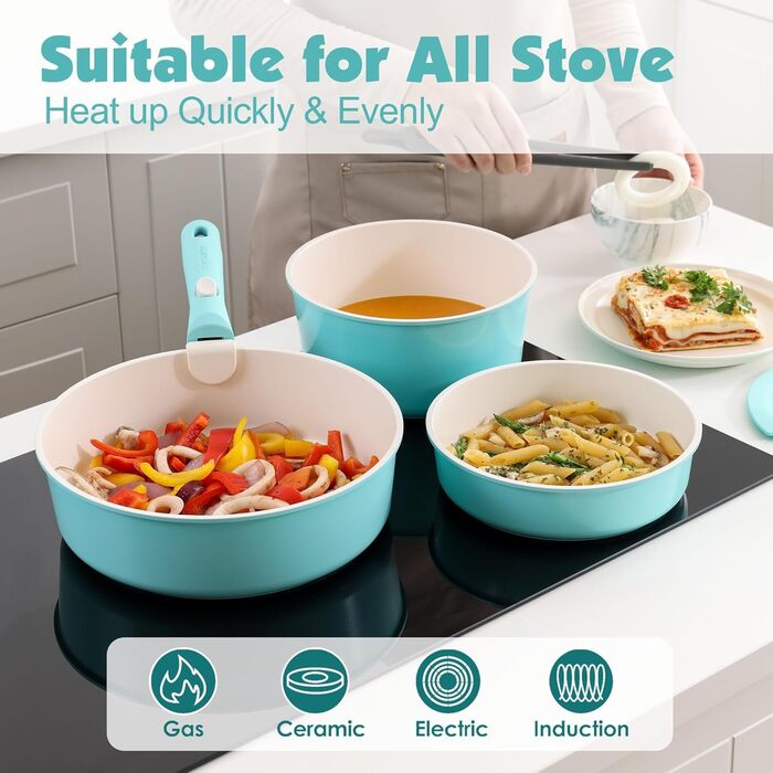 Набір каструль SENSARTE з керамічним покриттям (17 предметів) – антипригарне посуд з знімними ручками, для всіх плит, безпечне, миється в посудомийній машині, сумісне з духовкою (Турквіс)