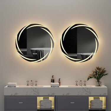 Круглий дзеркало для ванної кімнати LUVODI з підсвічуванням: LED дзеркало круглої форми 60 см з фоновою підсвіткою, 3 кольори світла, регулювання яскравості, сенсорна кнопка, запобігання запотіванню, енергозбереження, для ванної кімнати, для гостей, туале