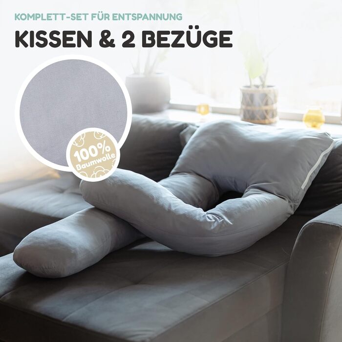 Подушка для сну на боці з двома чохлами - подушка для годування XXL, вагітна подушка для сну | Подушка для вагітних | Body Pillow | Подушка для сну та терапії | Комфортна подушка | Гнутий наповнювач з бавовняного джерсі