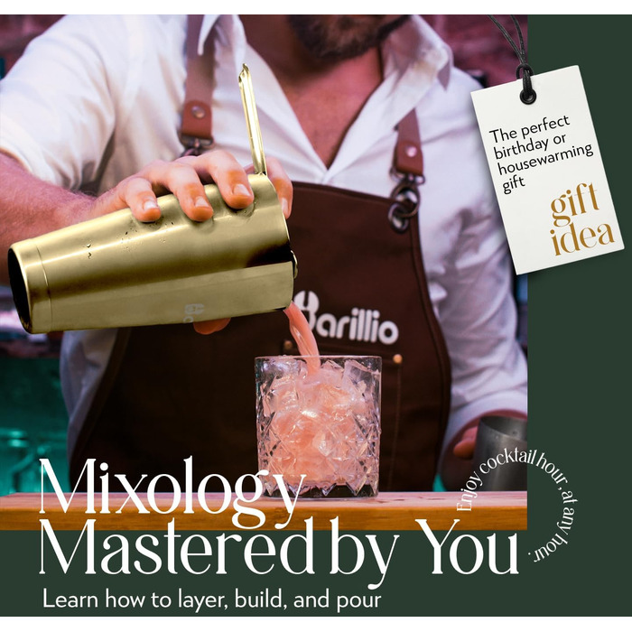 Набір бармена Barillio Gold Mixology – 8 предметів з нержавіючої сталі, включає шейкер, міклер, мохіто-толкуш та аксесуари для приготування коктейлів
