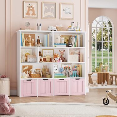 Дитяча полиця FOREHILL з коробками на колесах, 4 яруси, меблі для дитячої кімнати, іграшковий та книжковий стеллаж, рожевий, 125.5x33x118 см