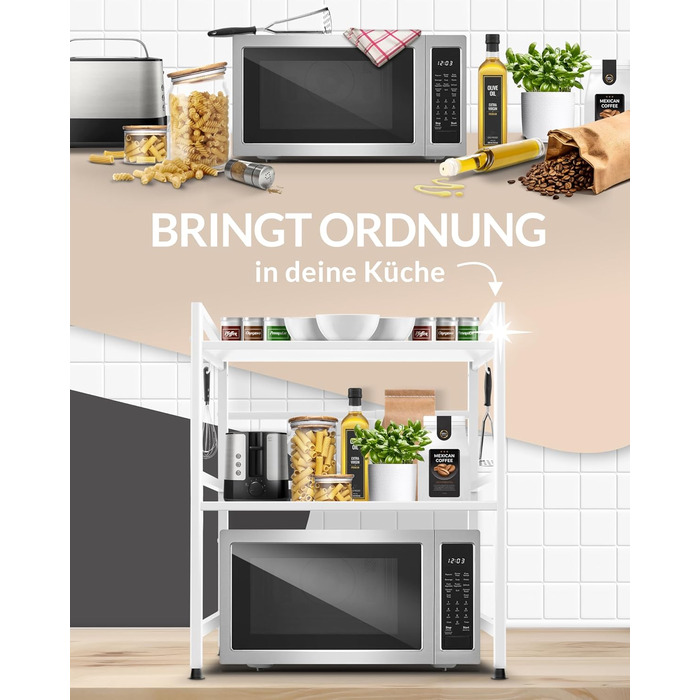 Поличка для мікрохвильової печі, кухонна поличка, сталева | 3-ярусна, регульована висота та довжина, з гачками, інструкція у відеоформаті (Білий)