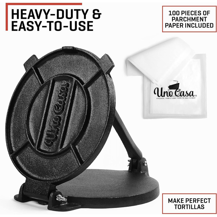 Пресс для тортилій Uno Casa Tortilla Presse 20 см - для тако, роті, з 100 шт. паперу для випікання
