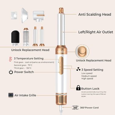 Мультистайлер для волосся 7 в 1 UKLISS Hairstyler Pro: фен, автоматична плойка, круглий брашинг та випрямляч для волосся, білий