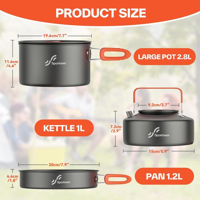 Набір посуду для кемпінгу на 2 особи: каструля, сковорода, чайник, тарілки, чашки, столові прибори (Löffel, Gabeln) для пікніків, походів та кемпінгу