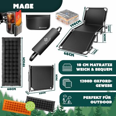 Розкладне кемпінгове ліжко KESSER з преміум-матрацом та подушкою, 190x68x30 см, до 250 кг, з кишенею та підстаканником, чорно-помаранчеве