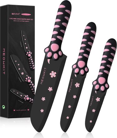 Набір кухонних ножів MEOWKIT 5 шт. з підставкою, нержавіюча сталь, набір ножів у формі котів, чорний/рожевий