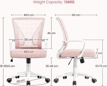 Офісний стілець Yaheetech ергономічний з сітчастою спинкою, регульований, з підлокітниками, до 136 кг (Рожевий)