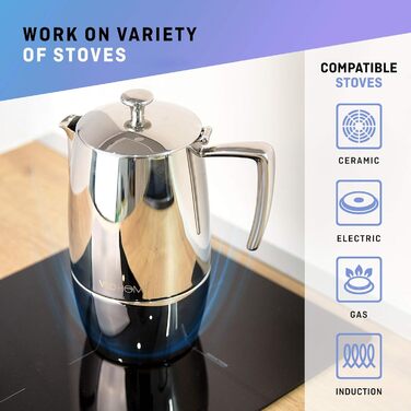 Mokka Pot VeoHome: Кавоварка гейзерна на 10 чашок, 500 мл, нержавіюча сталь, італійська, для Induktion, Gas, Keramik, Elektrik, без алюмінію, з подвійним фільтром