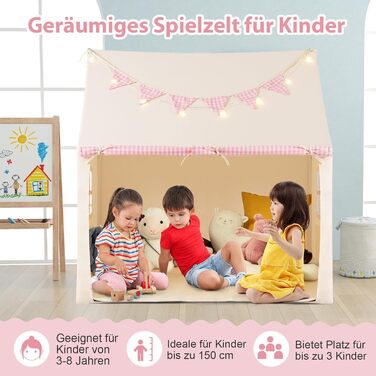 Дитяче намет-будиночок COSTWAY з килимком та світлом, з прапором та вікнами, для хлопчиків та дівчаток від 3 років (Рожевий)