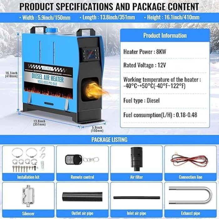 8KW дизельний обігрівач, 12V, з пульт дистанційного керування та LCD-екраном, для авто, RV, човнів, вантажівок, 8KW, блакитний