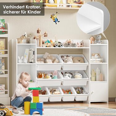 FOREHILL Дитяча полиця з 8 ящиками, дитячий шафчик, полиця для книг для дітей, органайзер для зберігання в дитячій кімнаті, меблі з іграшковою коробкою, 138,8 x 94,3 x 29,6 см, білий