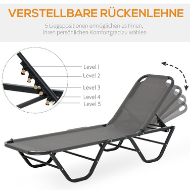 Outsunny Шезлонг Beach Lounger 5-ярусний Alu Garden Lounger Relax Lounger Texteline Grey Black 163x58.5x91см для саду та тераси