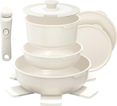 Набір посуду YASHE 9 предметів: каструлі та сковорідки з антипригарним покриттям, білий, для всіх плит, знімний ручка, сумісний з духовкою, компактний, сталевий