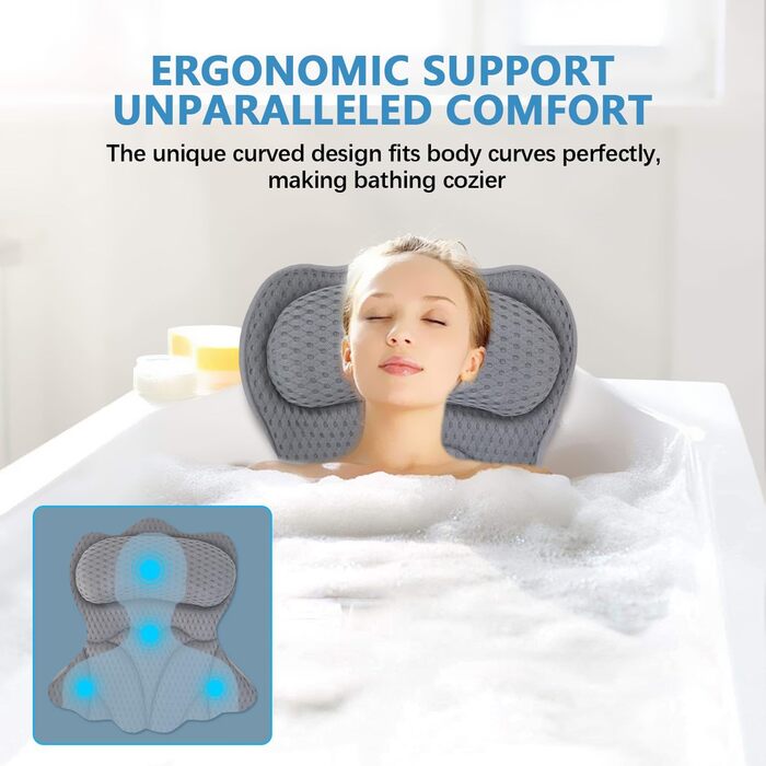 Підголовник для ванни REEZEIVI з 6 антиковзкими присосками, сірий