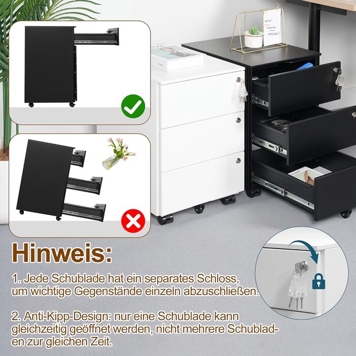 Роликовий контейнер HOMSTEEL з 3 замками, 3 висувні ящики, для офісу та дому, білий (44 x 37 x 60 см)