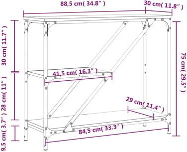 Консольний стіл 88,5x30x75 см, дерево/сталь, чорний, з полицями, вузьким передпокоєм та тумбою