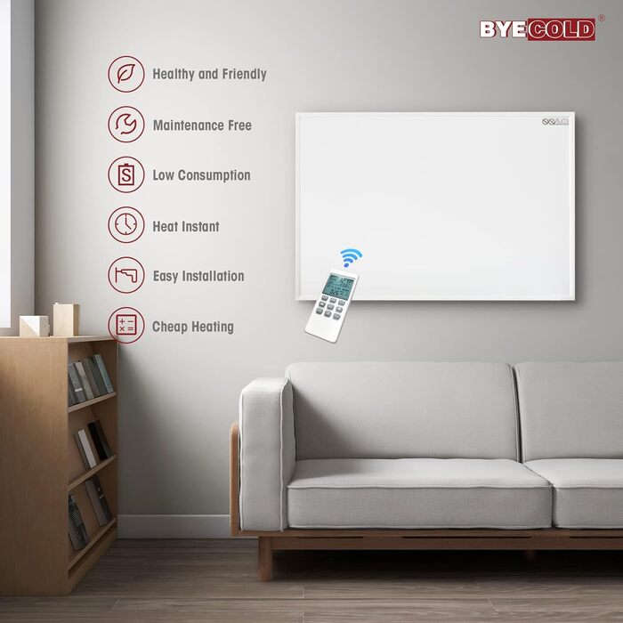 Інфрачервовий обігрівач Byecold 580 Вт з термостатом, настінний, білий + пульт, енергозберігаючий, захист від перегріву