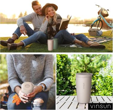 Термокружка VINSUN для кави з собою 350 мл, з подвійними стінками, з нержавіючої сталі, з герметичним клапаном, для гарячих та холодних напоїв, для автомобіля, університету, бежевий колір