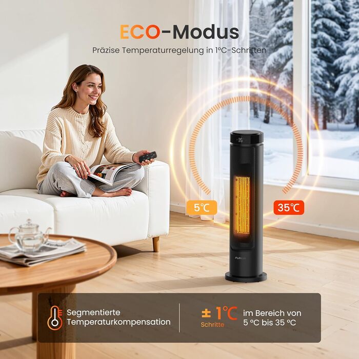 Електричний обігрівач 1500W з PTC-керамічним нагрівачем, портативний з термостатом та ECO-режимом, 4 режими, цифровий дисплей, таймер 12 годин, тихий (35dB), чорний (60см)