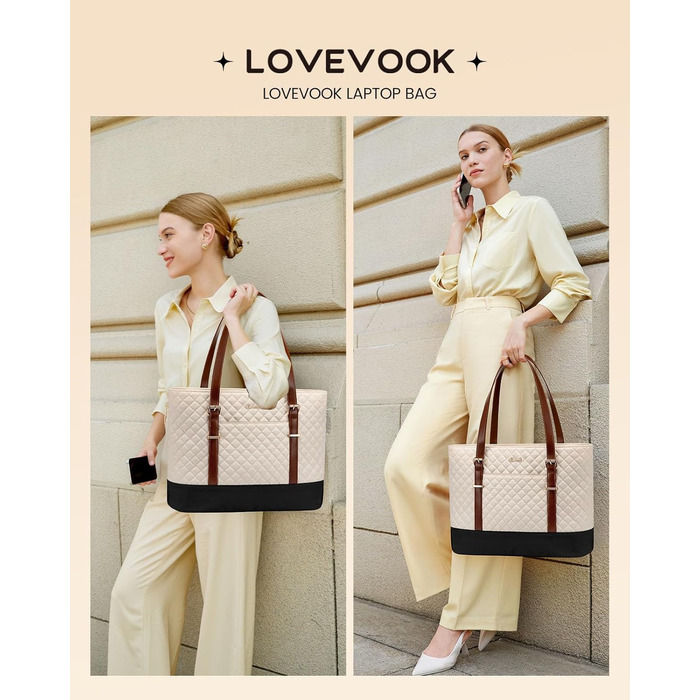 Сумка для ноутбука LOVEVOOK 15.6 дюймів для жінок з відділенням для ланчу, сумка-шоппер, ділова сумка, портфель, сумка для навчання, середнього розміру, водонепроникна, чорна