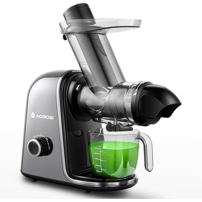 Електричний соковитискач AOBOSI Slow Juicer з 2 швидкостями, для овочів та фруктів, з 8-ступеневою спіраллю, щіткою для очищення та 2 чашами, функція реверсу, сірий