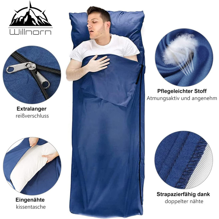 Спальний мішок для хатини WILLNORN 2 в 1 з мікрофібри, спальний мішок для хатини на блискавці, легкий комфортний спальний мішок для хатини і дорожнє ковдру XL в одному-95 * 220 см (синій)