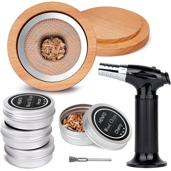 Набір для копчення коктейлів з ліхтариком: кулінарна факелка для коктейлів, віскі, напоїв, копчення та кемпінгу. 4 смаки дерев'яної стружки.