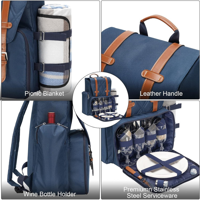 Набір для пікніка на 4 особи з великою ізольованою сумкою-холодильником, набір для пікніка з мішком для вина, водонепроникний плед та набір столових приборів. Ідеально для кемпінгу, подарунок на весілля, блакитний колір