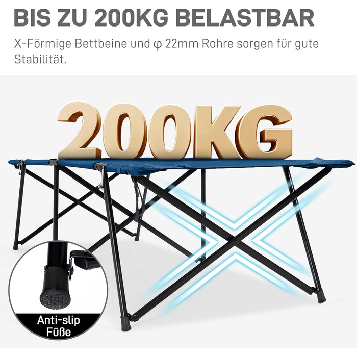 Розкладне польове ліжко EVER ADVANCED XXL для кемпінгу, 200 кг, 214x79x50 см, з бічною кишенею, міцне та портативне для кемпінгу, подорожей, саду, використання на вулиці та в приміщенні