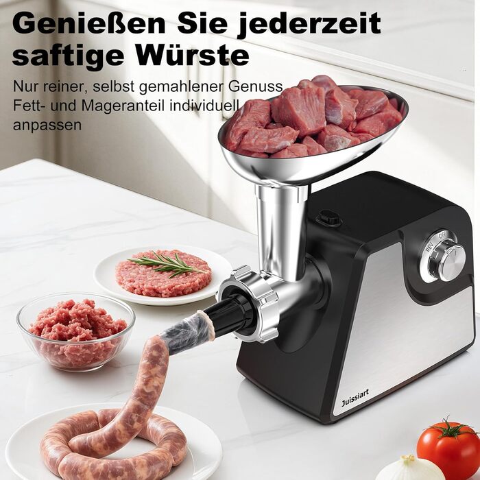 Електрична м'ясоподрібнювач Fleischwolf Juissiart: подрібнювач, фарш, ковбасний насадка, нержавіюча сталь, 3 диски, для кеббе, універсальний
