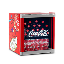 Міні-холодильник для напоїв °CUBES Original Coca-Cola PopArt червоний (48л) з glass-дверцяма, енергоефективний та безшумний — для офісу, геймінгу та вечірок