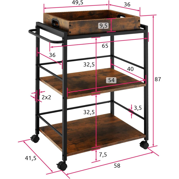 Візок для сервірування Tectake, 65x41.5x87 см, знімний піднос, 2 дерев'яні полиці, індустріальний стиль, чорний метал