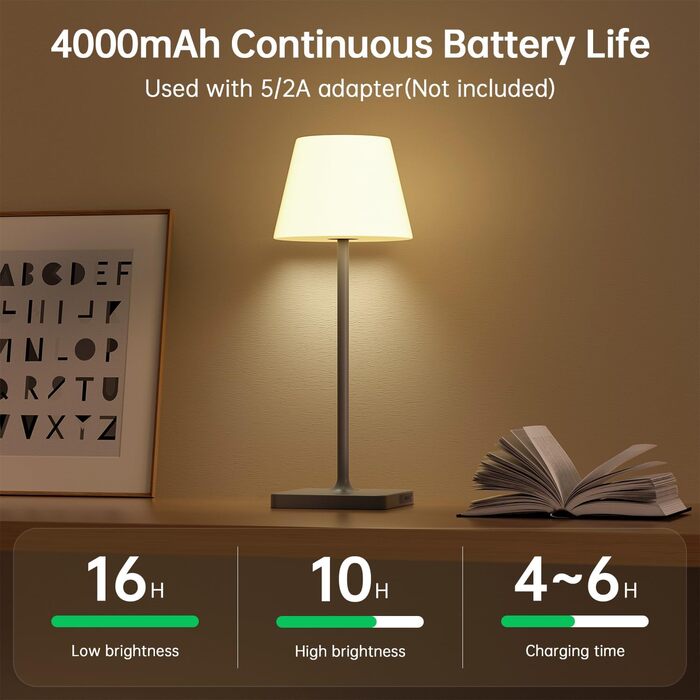 LED лампа настільна акумуляторна бездротова, диммувана, з тач-панеллю, 4000mAh, з функцією павербанку, вологостійка IP44, для дому та вулиці (сіра)