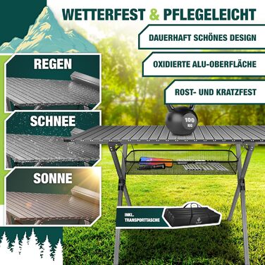 Складаний столик KESSER® для кемпінгу з алюмінієвим каркасом, регульована висота 90x53 см, до 100 кг, з сумкою та сітчастою кишенею (145x70 см, антрацит)