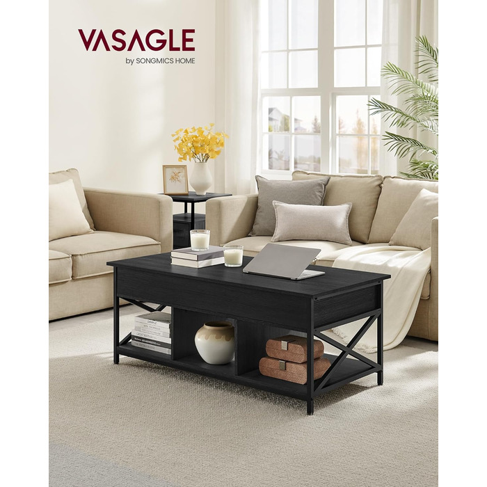 Журнальний столик VASAGLE, регульований по висоті стіл для вітальні, журнальний столик, відкрите і приховане місце для зберігання, X-подібні стійки, вінтажний коричнево-чорний LCT205B01 (60 x 120 x (48-62) см, антрацитово-сірий чорний)